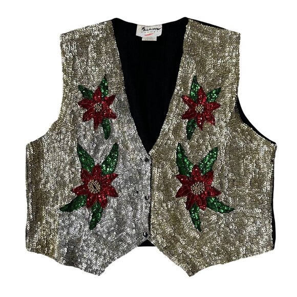 Vintage Sequin Vest Christmas Red Poinsettia 1990s Fashion Fantasy Large Kitschy - Picture 2 of 9